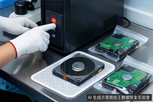 金属桌面上,一只戴白手套的手正按压黑色塔式主机的红色电源按钮。前景防静电垫上平放一块打开外壳的机械硬盘,右侧有两个防静电袋,内装绿色PCB的固态硬盘。