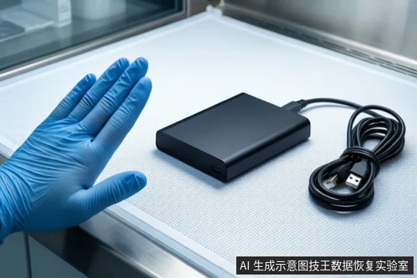 白色防静电工作台上平放一个黑色外接硬盘盒,右侧盘绕着一根黑色USB线缆。前景一只戴蓝色手套的手掌张开,呈停止或禁止操作姿态。背景为模糊的实验室环境。