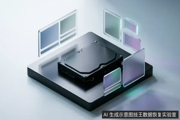画面中心为一个放置在黑色底座上的机械硬盘,周围悬浮着多个半透明的彩色矩形界面窗口。这些窗口象征数据读取、系统状态监控及诊断信息记录,表现了专业检测与数据评估的抽象概念。