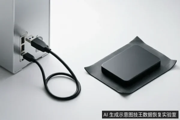 画面展示了银色主机背面的USB接口连接着黑色数据线，旁边放置着一个置于黑色垫子上的扁平移动硬盘。该图直观呈现了存储设备的外部物理连接状态，用于辅助说明排查外部链路故障的场景。