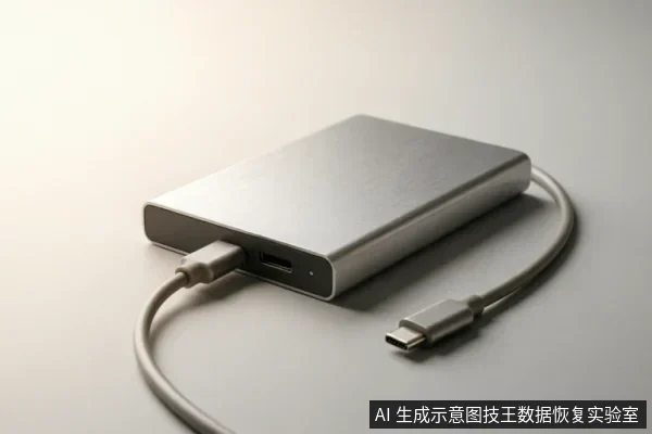 一个银色金属外壳的移动硬盘盒平放在桌面上,侧面连接着一根USB数据线,线缆另一端为Type-C接口,展示了存储设备的外部连接状态。
