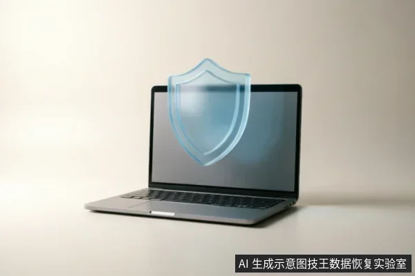 一台银灰色笔记本电脑打开放置在桌面上,屏幕前方悬浮着一个半透明的蓝色立体盾牌图标。画面通过盾牌元素象征对电脑设备的数据安全防护与故障止损策略。