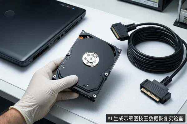 白色桌面上,一只戴白手套的手正握持一块闭合的黑色机械硬盘。左侧是一台黑色笔记本电脑,右侧平放着一根盘绕的黑色SATA数据线。