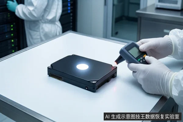 洁净室白色桌面上,前景一双戴白手套的手持黑色检测仪对准一块闭合的黑色机械硬盘,背景可见服务器机柜及穿无尘服的技术人员。
