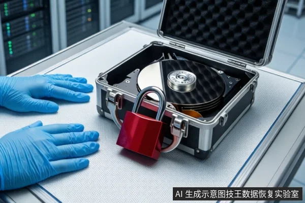 白色防静电工作台上，中间为打开的银色金属防震箱，箱内平放一块可见盘片和主轴的机械硬盘，箱前挂有红色挂锁。左侧一双戴蓝色手套的手平放在桌面上，背景可见服务器机柜。