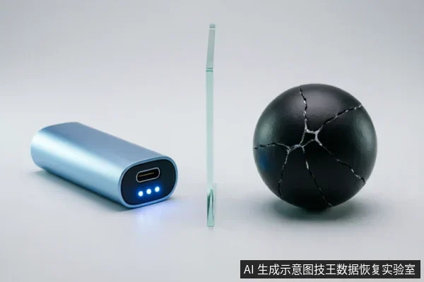 画面左侧为一个亮着蓝色指示灯的浅蓝色移动电源,中间竖立一块透明玻璃板,右侧是一个表面布满裂纹的黑色球体。