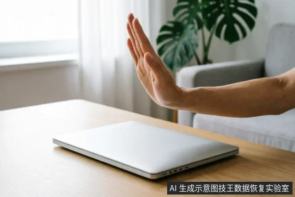 一只手臂在闭合的银色笔记本电脑前做出手掌向外的停止手势,示意拒绝或暂停操作。背景为明亮的居家办公环境,可见木质桌面、灰色沙发及绿植。画面直观传达了在数据故障时立即停止写入和操作的紧急止损概念。