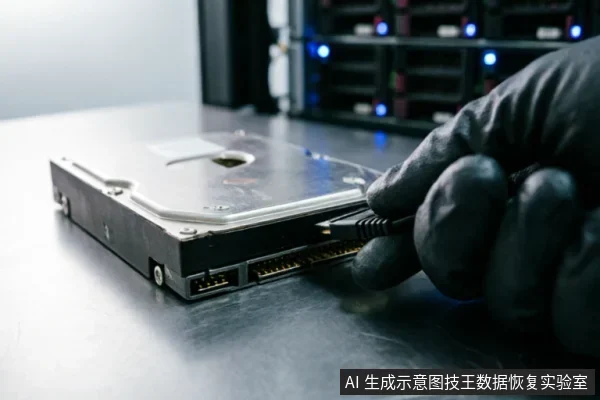 一只戴着黑色防静电手套的手正在将SATA数据线连接到机械硬盘的接口上。背景可见亮着蓝光的服务器机架,画面展示了在数据恢复过程中排查外部连接故障或进行专业只读评估时的标准操作场景。