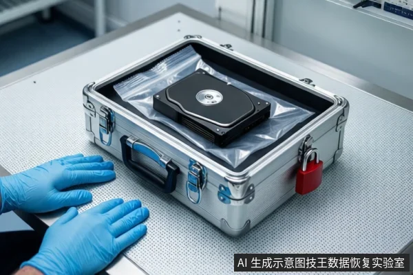 白色防静电工作台上,一个银色金属防震箱打开,内部防静电袋中平放一块黑色机械硬盘。箱体挂有红色挂锁。前景一双戴蓝色手套的手掌平放在桌面上。