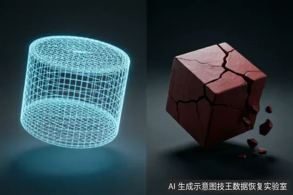 左侧为一个发光的蓝色线框圆柱体,象征数字化存储结构;右侧为一个正在碎裂崩解的红色实体方块,代表物理介质的损坏与数据丢失风险。
