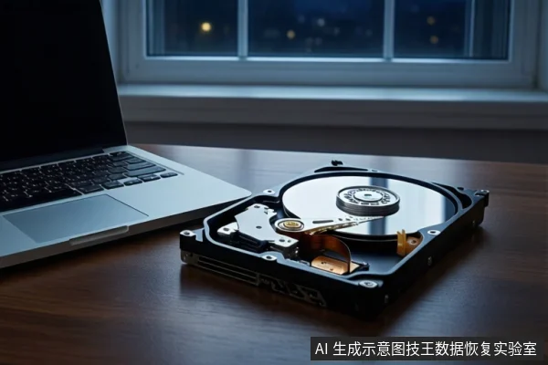 深色木桌上左侧有一台打开的银色笔记本电脑，屏幕黑屏。右侧平放一块打开外壳的机械硬盘，可见盘片、主轴和磁头臂。背景是夜晚的窗户。