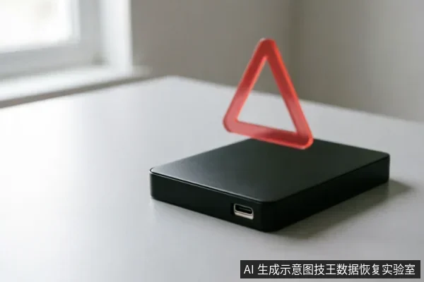 一张黑色外置移动硬盘放置在白色桌面上，侧面可见一个USB接口。硬盘上方悬浮着一个红色的三角形几何符号，背景为模糊的窗户，无连接线缆。