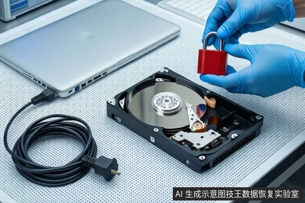 白色防静电工作台上,左侧是一台银色笔记本电脑,中间平放一块打开外壳的机械硬盘,可见盘片、主轴和磁头臂。右侧一双戴蓝色手套的手正持握一把红色挂锁,悬停在硬盘上方。左侧盘绕着一根黑色USB线缆。
