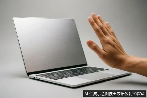 一只手掌伸向一台打开的银色笔记本电脑,做出明显的停止或拒绝手势,示意立即停止操作。画面主体清晰,无屏幕文字,隐喻在遇到数据故障时应保持克制、避免盲目写入或格式化。