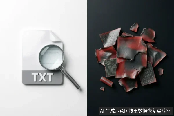 左侧为白色背景下的TXT文本文件图标,上方放置一个放大镜象征检查;右侧为黑色背景下破碎的红色电路板碎片,隐喻存储介质损坏或数据故障。