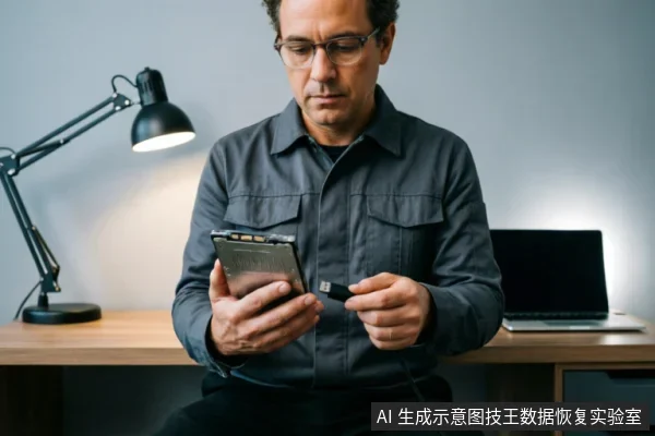 一名戴眼镜的男子坐在木质办公桌前,左手持一块带有金属背板的移动硬盘,右手拿着USB数据线准备连接。背景有一盏黑色台灯和一台闭合的笔记本电脑,呈现出数据恢复检测或排查故障的工作环境。