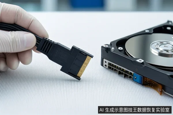 白色桌面上,左侧戴白手套的手持黑色SATA接口线缆,右侧平放一块打开外壳的机械硬盘,露出盘片与磁头组件。