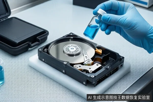 白色防静电工作台上,一只戴蓝色手套的手持装有蓝色液体的玻璃小瓶,悬停在打开外壳的机械硬盘上方。左侧平放一个黑色防震箱,背景为模糊的实验室环境。