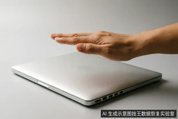 一只手掌悬停在闭合的银色笔记本电脑上方,做出停止或按压的手势。画面背景简洁,无屏幕文字,直观传达在设备故障时立即断电、停止操作以保护数据的紧急干预原则。