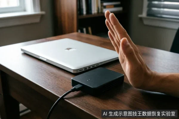 一只手掌在连接着笔记本电脑的黑色移动硬盘前做出停止手势,示意立即断开连接并停止通电操作,背景为木质桌面。