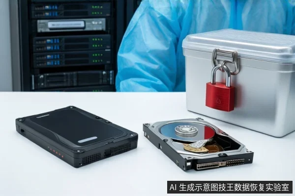 洁净室白色桌面上,左侧平放一块闭合的黑色机械硬盘,中间平放一块打开外壳的机械硬盘,右侧为挂有红色挂锁的银色金属防震箱。背景可见服务器机柜和穿蓝色无尘服的技术人员。