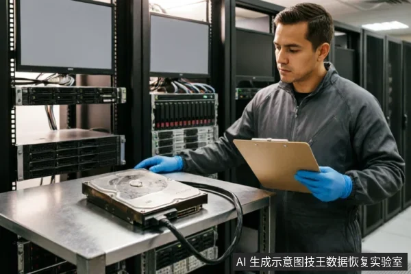 一名身穿深色工作服、佩戴蓝色防静电手套的技术人员站在服务器机房内,左手持写字板记录,右手轻触放置在金属台面上的裸露机械硬盘。背景可见排列整齐的服务器机柜与显示器,展现了专业数据恢复检测环境下的设备状态核对场景。