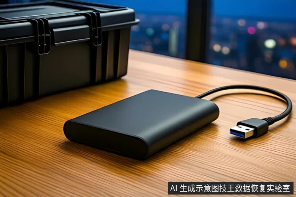 木质桌面上平放一个闭合的黑色移动硬盘,右侧连接着一根黑色USB线缆。左后方放置一个闭合的黑色防震箱,背景为模糊的窗户和城市夜景。