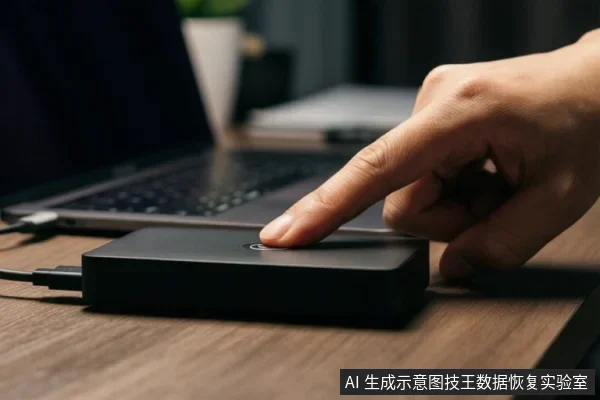 一只手正按压木桌上的黑色外接存储设备顶部按钮,设备连接着线缆,背景有笔记本电脑。