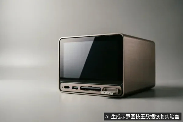 一台具有金属外壳和黑色屏幕的方形数据恢复专用硬件设备,底部可见USB接口、SD卡槽及排线连接器,置于灰色背景中。