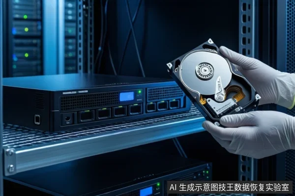 服务器机架环境中,左侧层板上放置一台黑色多盘位存储设备,右侧一双戴白色手套的手正持握一块打开外壳的机械硬盘,露出盘片与磁头组件。
