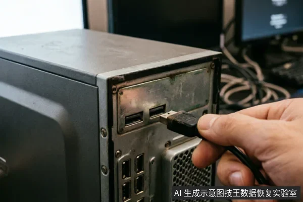 特写镜头展示一只手正将黑色USB数据线插入台式电脑主机背面的接口中,金属面板上有明显的使用痕迹和氧化现象,背景模糊可见其他连接线缆。