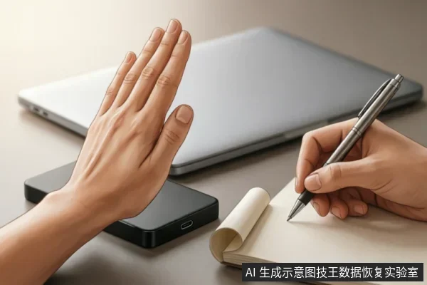 画面展示了一只手做出停止的手势,按压在黑色移动硬盘上,象征立即停止写入操作;另一只手正持笔在笔记本上记录设备状态。背景为闭合的笔记本电脑,直观表达了数据丢失后止损与记录信息的核心原则。