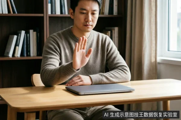 一名身穿灰色毛衣的男子坐在木质书桌前,面前放着一台闭合的笔记本电脑。他神情严肃,举起右手做出明显的“停止”手势,示意暂停操作或拒绝继续尝试,背景为书架和窗户。