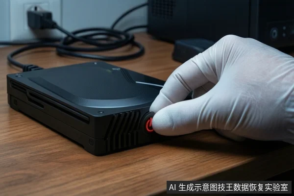 木质桌面上,一只戴白色手套的手正按压一个黑色外接硬盘盒侧面的红色按钮,背景可见电源插座和黑色线缆。