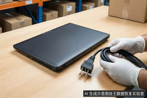 仓库环境中，木质桌面上平放一台闭合的黑色笔记本电脑。右侧一双戴白色手套的手正握持一根盘绕的黑色电源线，插头悬停在笔记本侧面接口上方。背景可见货架和堆叠的纸箱。