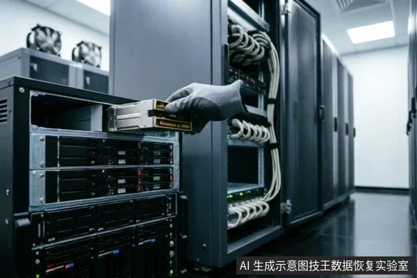 画面展示了一名佩戴灰色防静电手套的技术人员,正在数据中心机房环境中将一块银色硬盘托架插入黑色的服务器机柜中。背景可见整齐排列的机柜和理线清晰的白色线缆,体现了专业、洁净的数据存储与硬件维护环境。