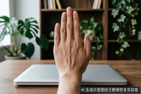一只手掌在闭合的笔记本电脑前竖起,做出明确的“停止”手势。背景为模糊的书架和绿植,营造出办公环境氛围,直观传达拒绝操作或暂停的意思。