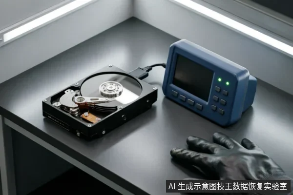 桌面上放置着一台外壳打开的机械硬盘，通过数据线连接至一台带有屏幕和按键的蓝色专业检测仪器。一只戴着黑色防静电手套的手放置在设备旁，呈现出专业数据恢复实验室中进行硬件检测或故障评估的场景。