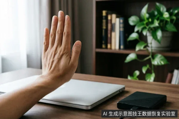 画面展示了一只手在木质办公桌上做出明显的拒绝或停止手势,手掌张开面向前方。桌面上放置着一台闭合的银色笔记本电脑和一个连接着数据线的黑色外接硬盘盒。背景可见书架和绿植,整体营造出面对硬件故障时立即断电、停止操作的警示氛围。