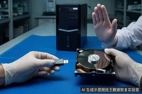 蓝色防静电垫上放置一台黑色立式主机。左侧戴白手套的手握持一个USB加密狗,右侧戴白手套的手扶握一块裸露的机械硬盘,另一只未戴手套的手在旁做出停止手势。背景为模糊的实验室环境。