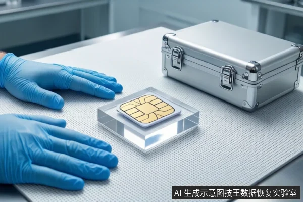 白色防静电工作台上，一双戴蓝色手套的手平放在桌面两侧，中间透明底座上平放一张SIM卡，右侧放置闭合的银色金属防震箱，背景为模糊的实验室环境。