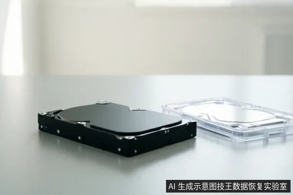 白色桌面上放置一个黑色机械硬盘和一个透明塑料防静电盒，背景为浅色室内环境。