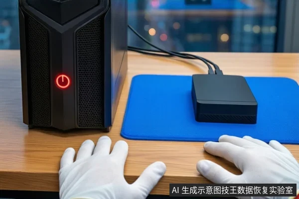 木质桌面上,左侧竖立一台黑色塔式主机,正面电源按钮亮红灯。右侧蓝色防静电垫上平放一个黑色外接硬盘盒,连接着黑色数据线。前景一双戴白手套的手平放在桌边。背景为模糊的窗户和城市夜景。