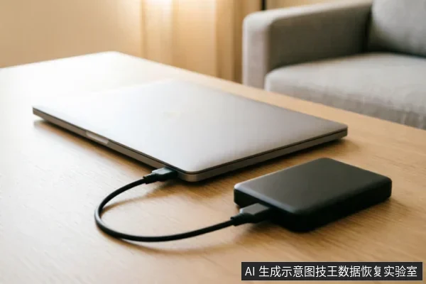 一张银色笔记本电脑放置在木质桌面上,通过黑色数据线连接着一个黑色的外接移动硬盘。画面展示了电脑与外部存储设备的外部物理连接状态,背景为模糊的室内家居环境。