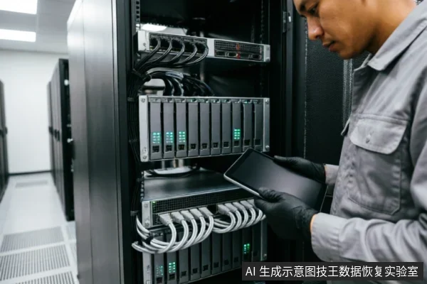 一名身穿灰色工装、佩戴黑色手套的技术人员站在服务器机柜前,手持平板电脑查看设备状态。机柜内安装有多个服务器模块及整齐连接的线缆,指示灯亮起,展示了数据中心环境下的硬件运维与排查场景。