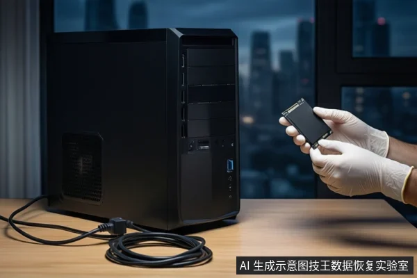 木质桌面上放置一台黑色台式主机,前方盘绕着黑色电源线。右侧一双戴白色手套的手正握持一块黑色固态硬盘。背景可见模糊的窗户和城市夜景。