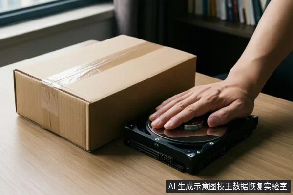 桌面上放着一个纸箱,一只手按在一块裸露的机械硬盘盘片上。