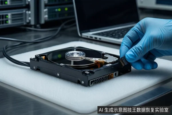 白色防静电垫上平放一块打开外壳的机械硬盘，一只戴蓝色手套的手持黑色工具靠近硬盘接口，背景可见模糊的服务器机柜和笔记本电脑。