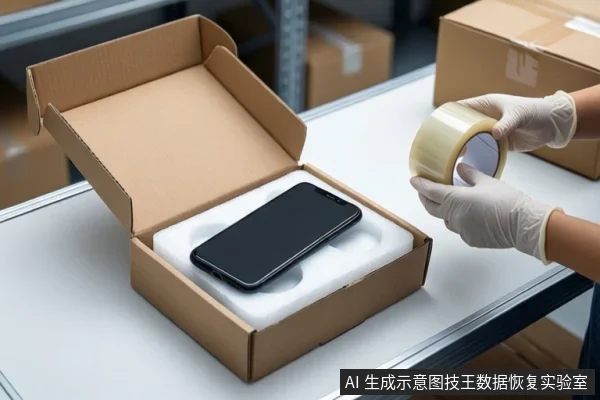 仓库环境中,白色桌面上放置一个打开的棕色纸箱,箱内白色防震泡沫中固定着一部黑屏智能手机。右侧一双戴白色手套的手正握持一卷透明胶带,准备封箱。背景可见货架和堆叠的纸箱。