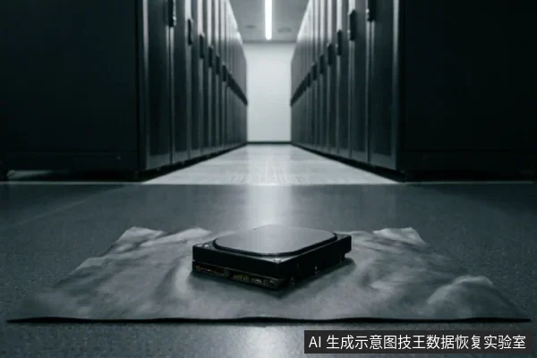 一块笔记本机械硬盘被放置在防静电袋上,背景是排列整齐的数据中心服务器机柜。画面通过专业环境暗示,强调在设备故障时应停止自行操作,将原始存储介质交由专业机构进行安全评估与数据恢复。